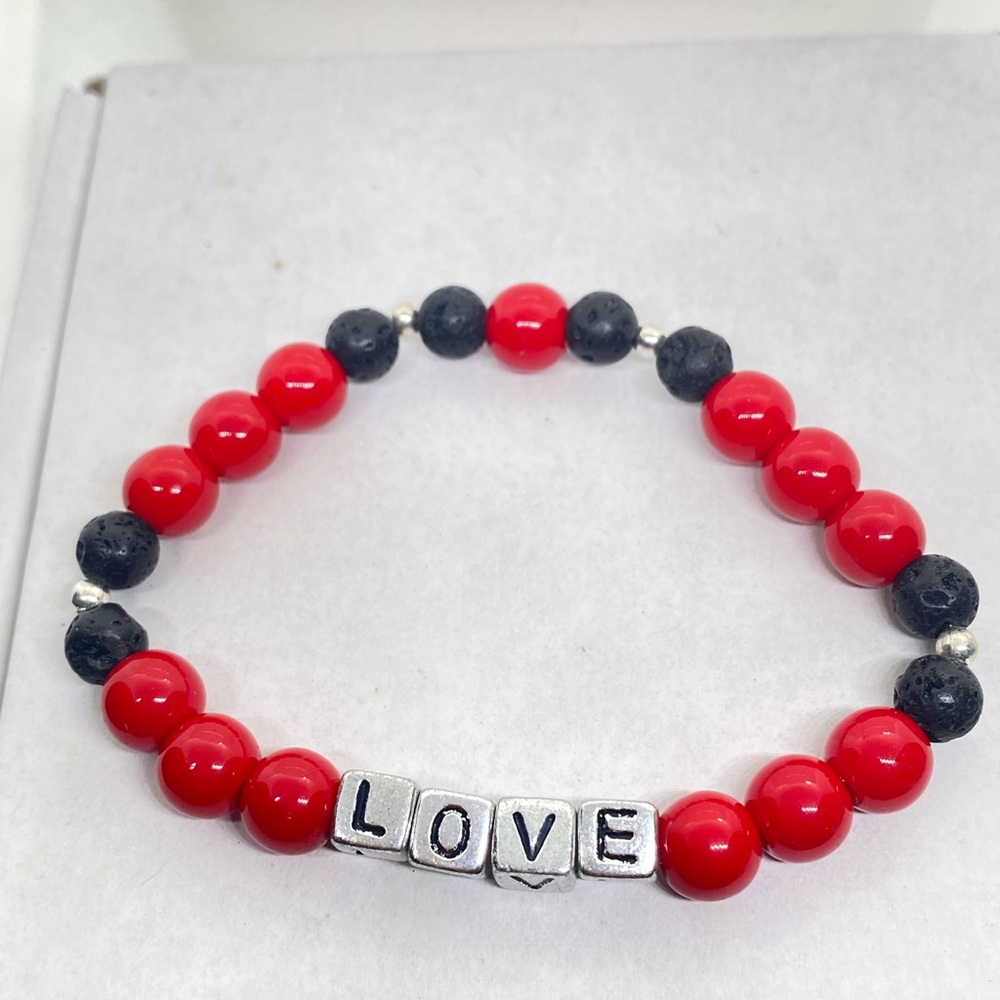 Red and Black Beaded Bracelet with LOVE Charm